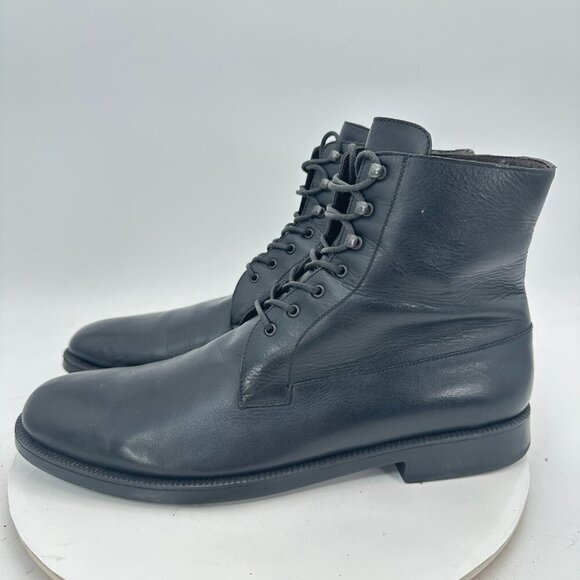 A. Testoni Men Size 10.5 Black Leather Plain Toe Lace Up Ankle Boot - Picture 1 of 13